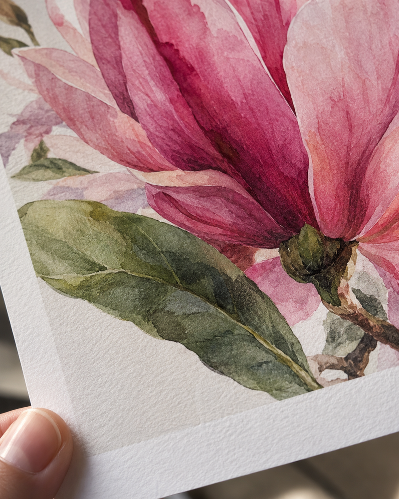 Detalle de una ilustración floral rosada en acuarela