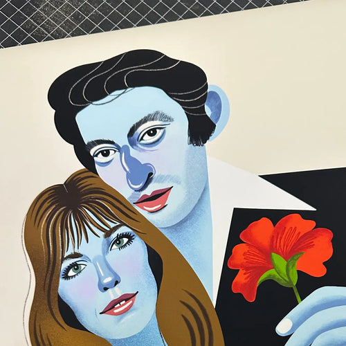 Retrato estilizado de pareja en tonos azules con flor roja en papel Canson Etching Rag 310g