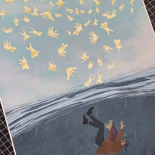 Print artístico de persona cayendo al agua con pájaros amarillos en papel Canson Etching Rag