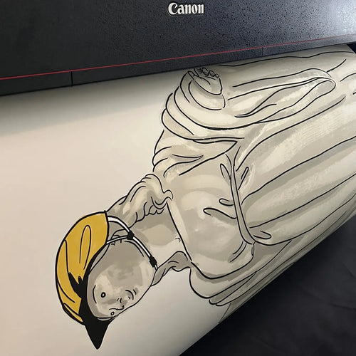 Boceto monocromo de personaje con gorra mostaza impreso en papel Canson Etching Rag 310g mate