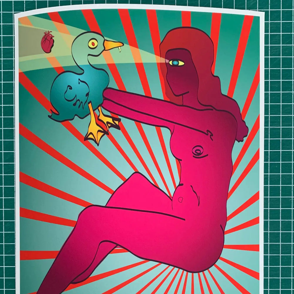 Print artístico de figura magenta con pájaro azul sobre fondo rojo en papel Canson Etching Rag